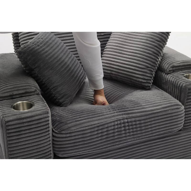 Corduroy Upholstered Chaise Lounge with Movable Ottoman, Living Room Storage Sofa Chair with Cup Holder, Detachable Cushions