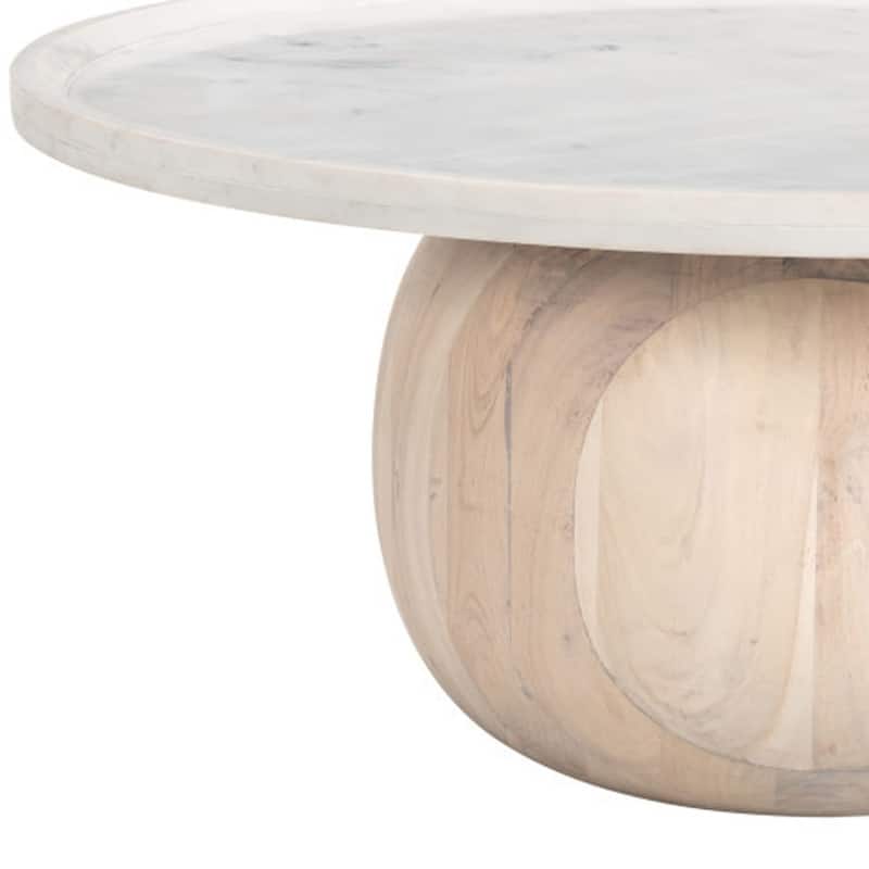 HomeRoots 35" White and Natural Wood And Faux Marble Round Pedestal Coffee Table - 35 in. x 15 in. x 35 in.