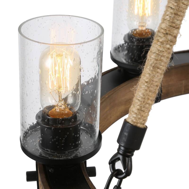 Carbon Loft Farmhouse 6-Light Wood Wheel Chandelier with Glass Shade for Dining Room