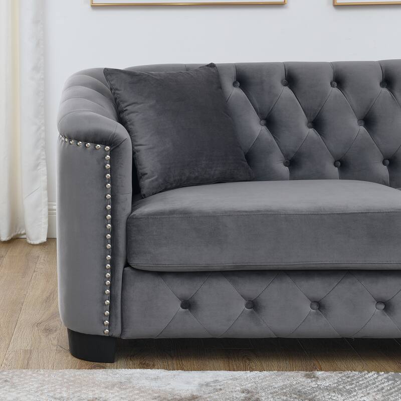 77'' Modern Velvet 3-Seater Sofa with Tufted Backrests, Nailhead Trim, and 2 Pillows