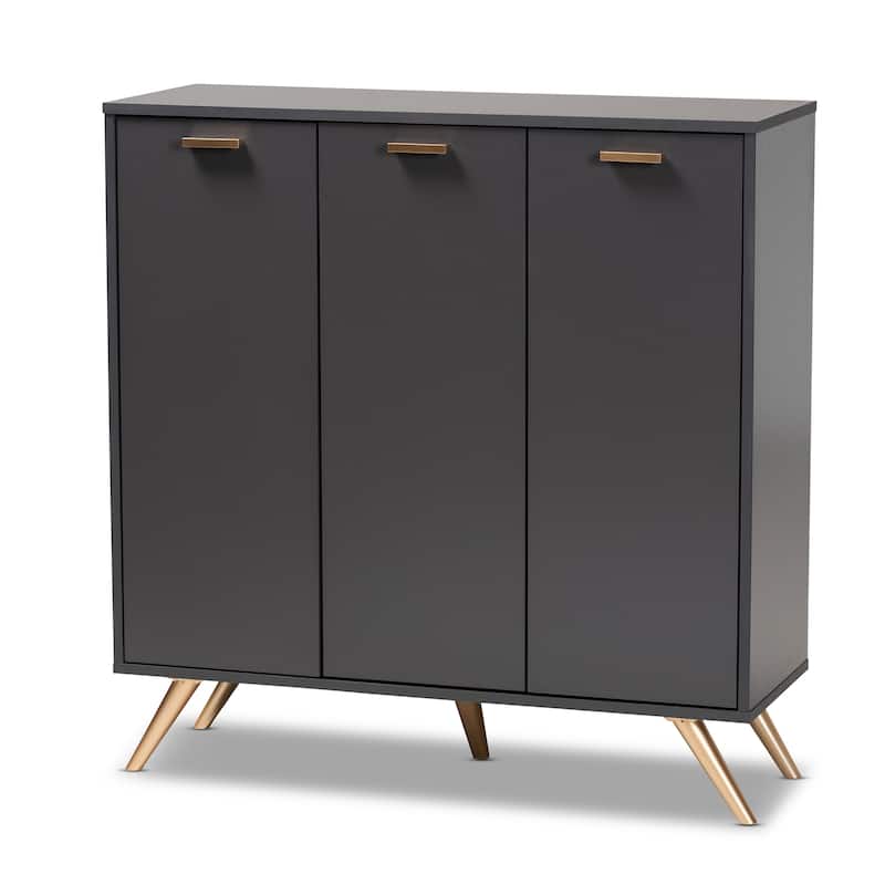 Kelson Modern Dark Grey and Gold Finished Wood 3-Door Shoe Cabinet - Charcoal