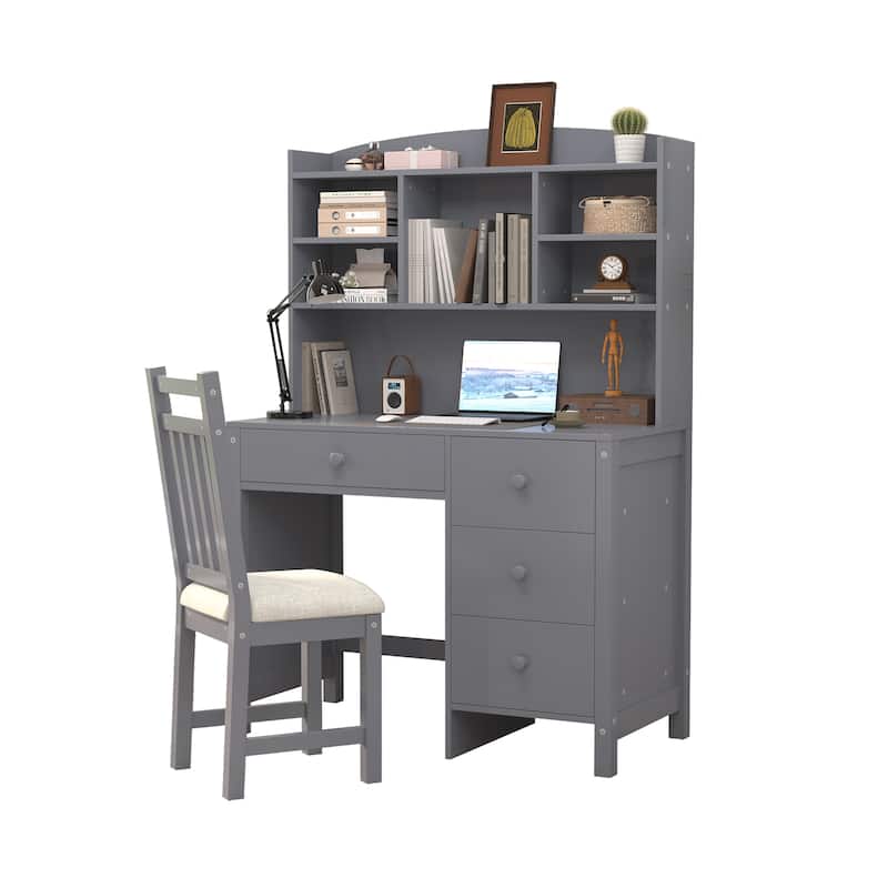 40"Home Executive Desk and Upholstered Chair Set with Bookshelf, Computer Desk with Four Drawers, Storage Shelf, and Chair