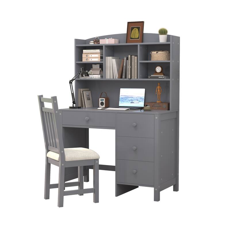 40'' Home Executive Desk and Upholstered Chair Set with Bookshelf, Computer Desk with Four Drawers