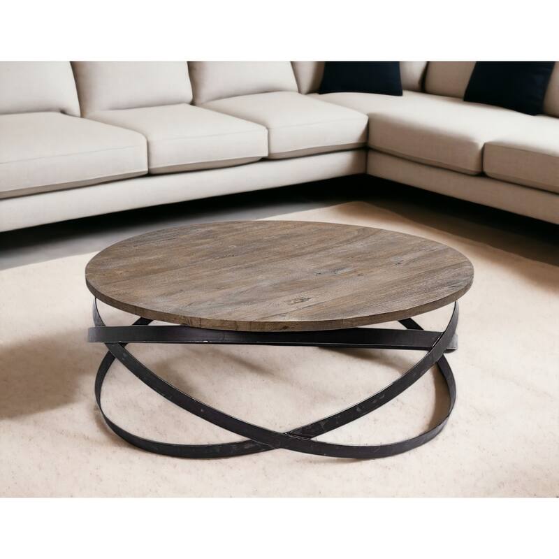 HomeRoots 41" Brown and Black Solid Wood and Metal Round Coffee Table - 40.5