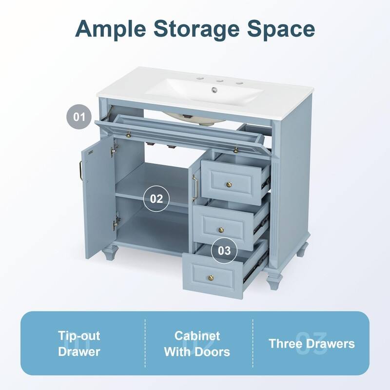 36" Bathroom Vanity with Sink, Cabinet, Flip-Out Drawer, 3 Drawers & 2 Soft-Close Doors