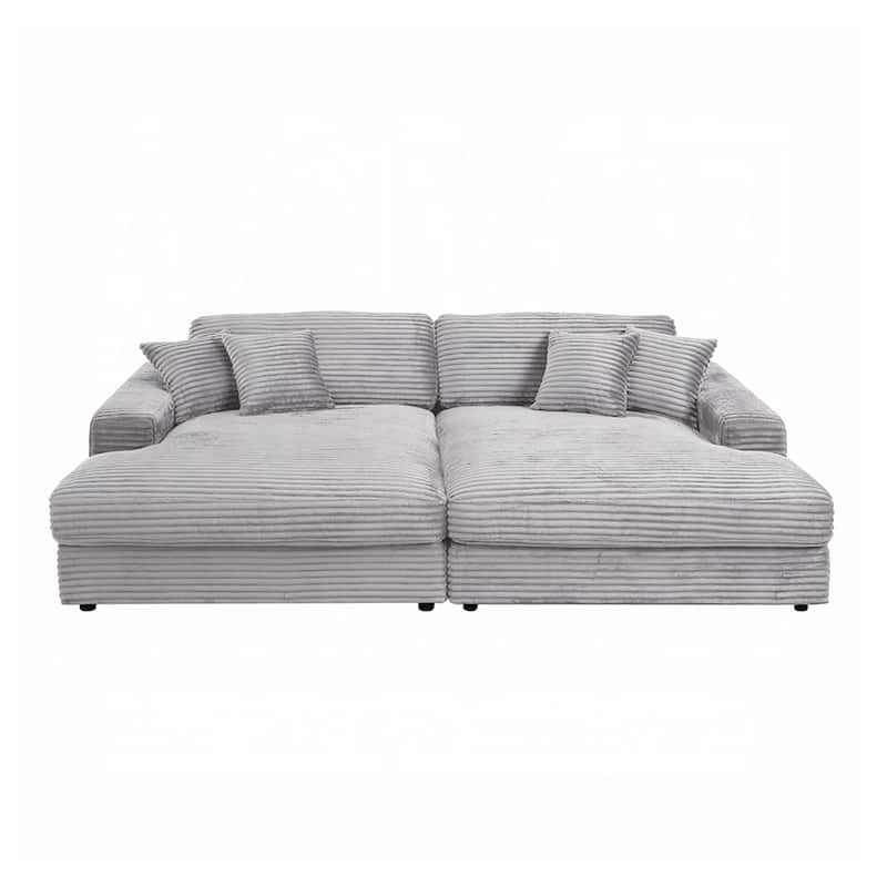 Corduroy Fabric Upholstered Sectional Sofa with 4 Pillows - Lighr Gray