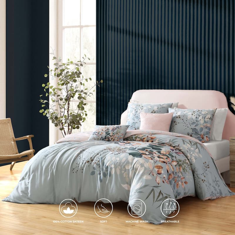 Bebejan Peach Leaves on Sage 100% Cotton 5-Piece Reversible Comforter Set