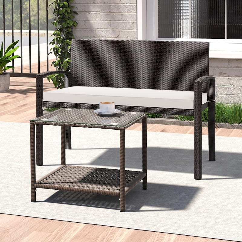 Gymax 2-Person Patio Loveseat w/ Removable Seat Cushion Metal Frame - Mix Brown + White