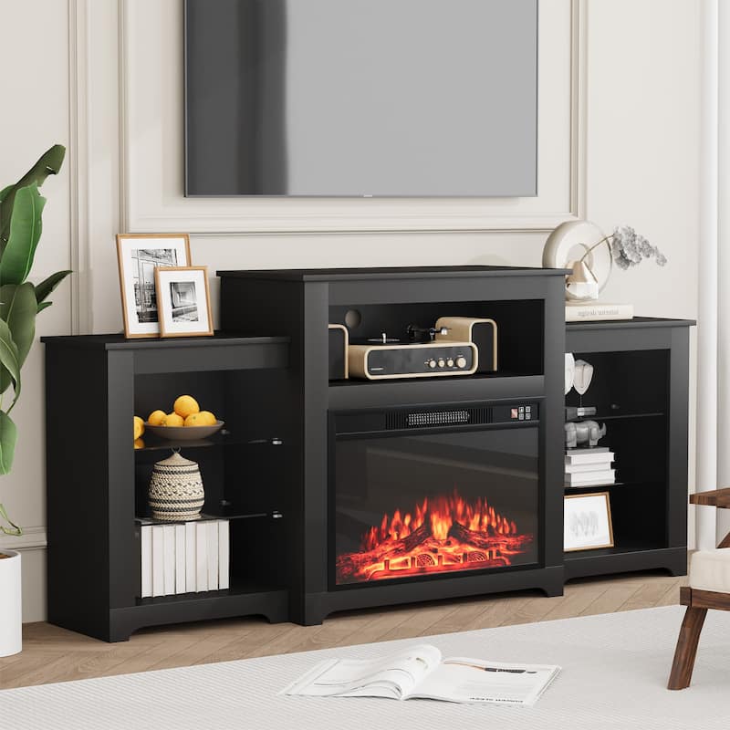 32" H TV Stand with Fireplace for TVs up to 80" - Remote Control, Energy-Efficient Heater, 16-Color Light Strip