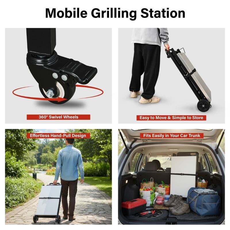4-Wheel Foldable BBQ Cart Grill Station With Stainless Steel Top And Foldable Shelf - N/A