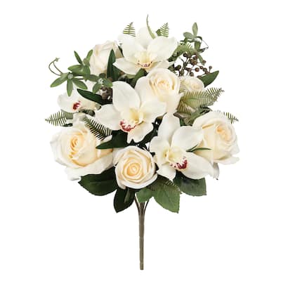 Set of 2 Ivory Artificial Mixed Rose Cymbidium Orchid Flower Stem Bush Bouquet 18in - 18" L x 11" W x 11" DP