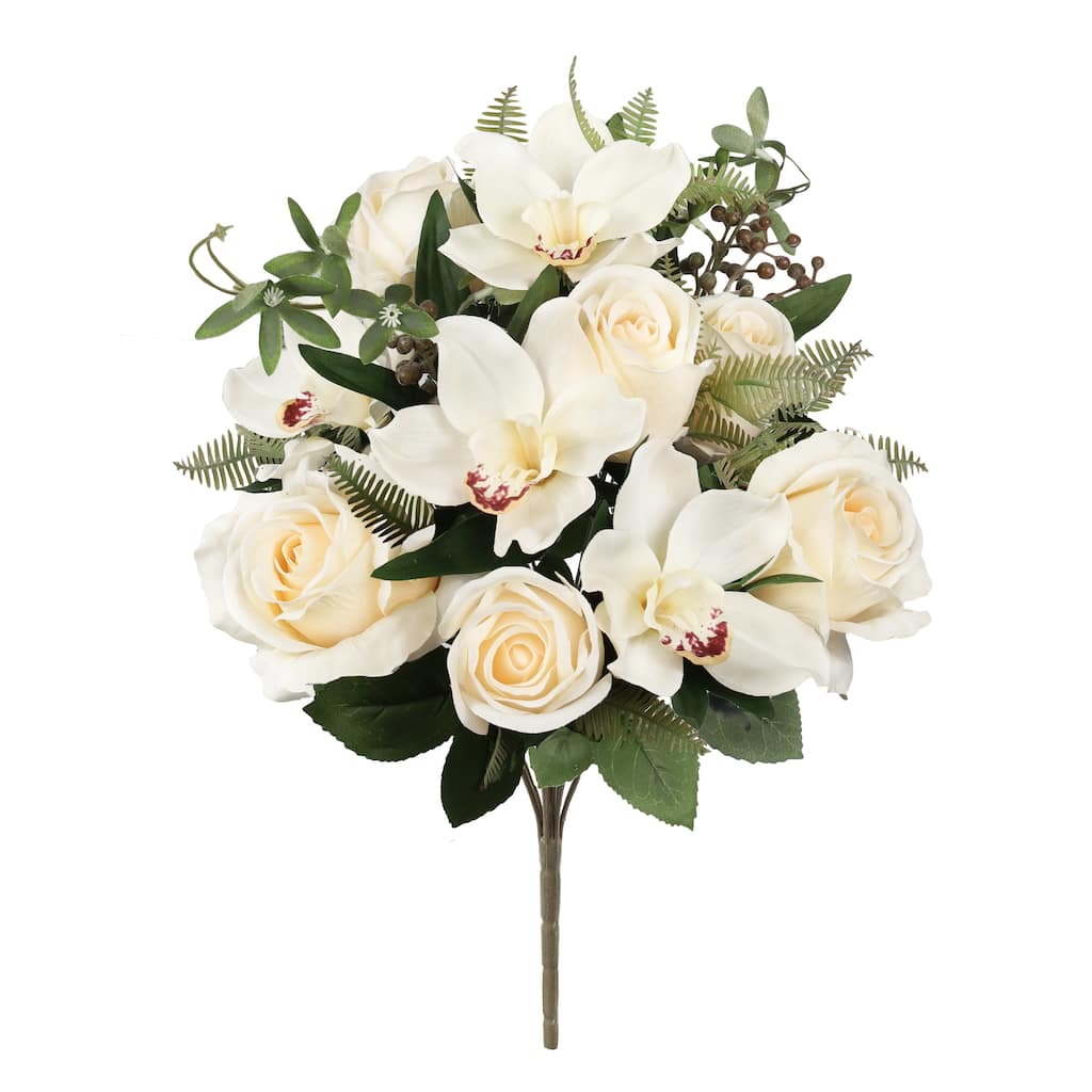 Set of 2 Ivory Artificial Mixed Rose Cymbidium Orchid Flower Stem Bush Bouquet 18in - 18" L x 11" W x 11" DP