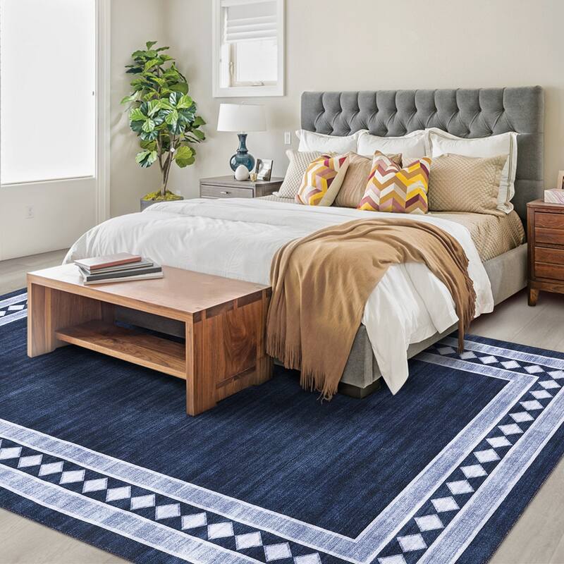 Modern Bordered Rug Non Slip Low Pile Area Rugs for Living Room, Machine Washable Area Rugs Soft Throw Rugs
