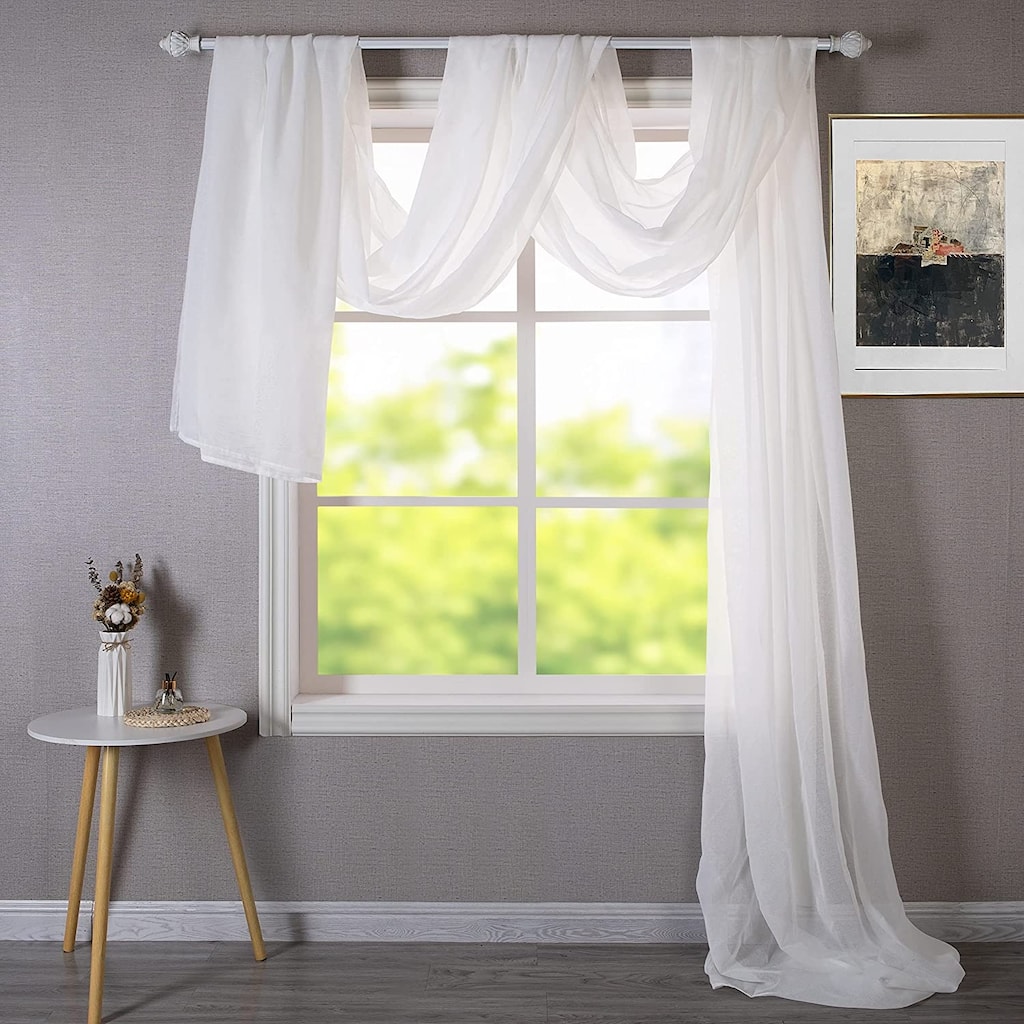 DriftAway Solid White Sheer Window Scarf Valance Long Luxury Sheer Fabric Topper Knife Edge