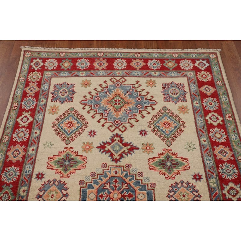 Red Geometric Kazak Area Rug Handmade Oriental Wool Carpet - 4'0" x 6'0"