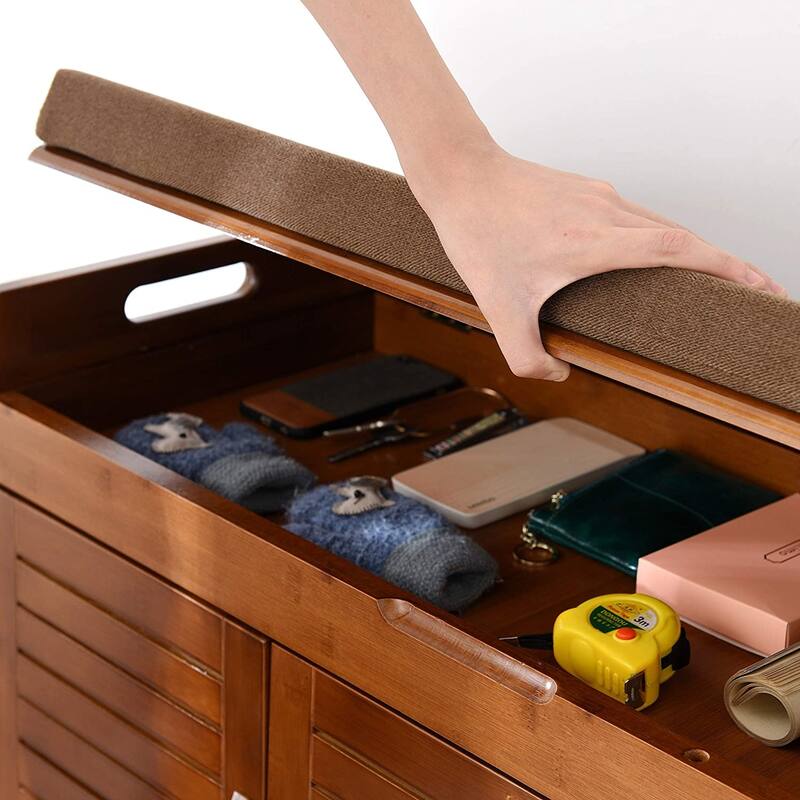 Shoe Storage Bench, Bamboo Shoe Rack with Door Storage Space and Soft Cushion