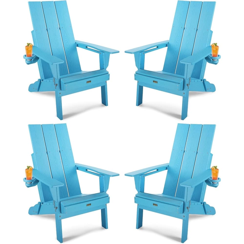 WINSOON HDPE Outdoor Folding Adirondack Chair With Cup Holder( Set of 4)