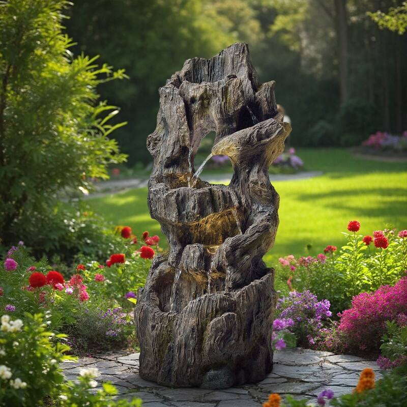 Vbal Outdoor 4-Tier Hand Crafted Polyresin Rainforest Tree Trunk Cascading Weather Resistant Fountain