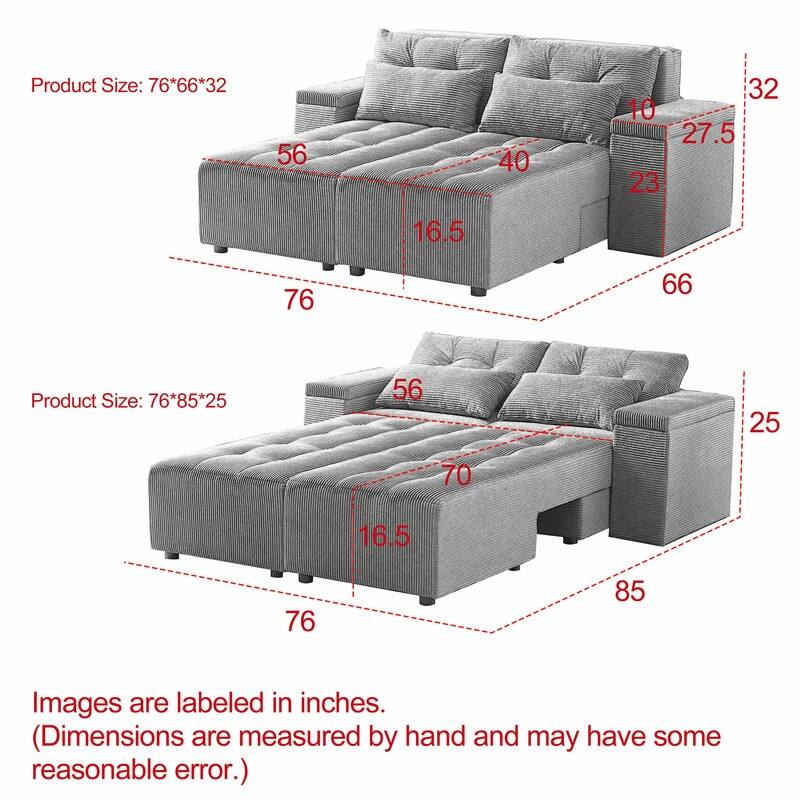 111" Convertible Corduroy 3-in-1 Sofa Bed and Sectional Sofa with Storage, 4 Pillows