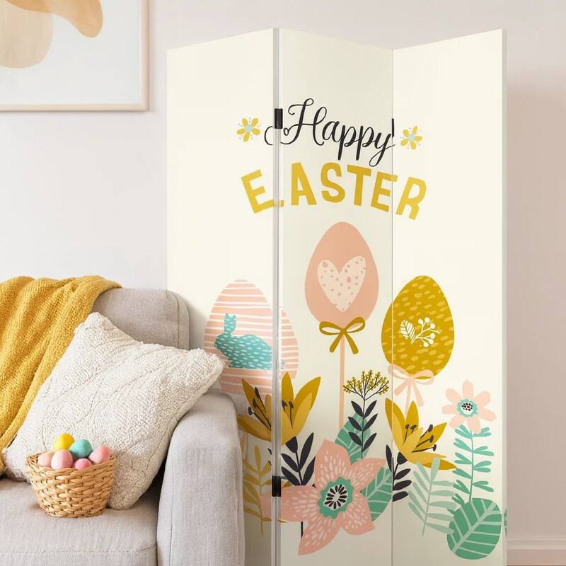 72 Inch 3 Panel Canvas Room Divider with Easter Print,Multicolor
