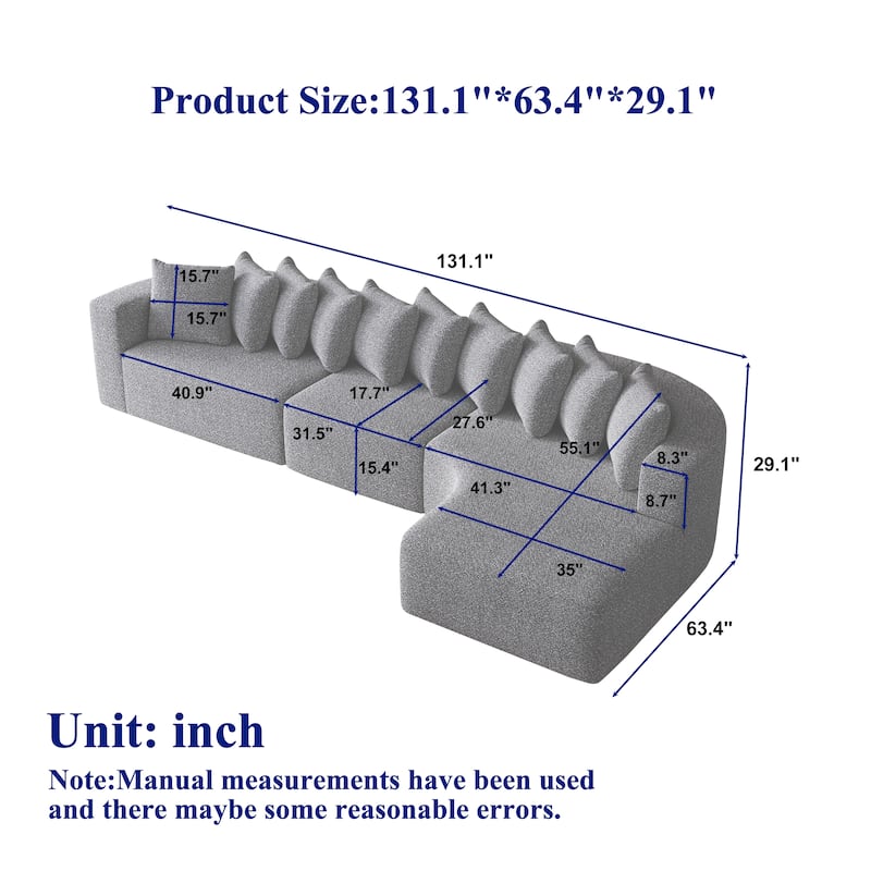 Chenille L-shaped Sectional Sofa with Curved Chaise Lounge and Piloows