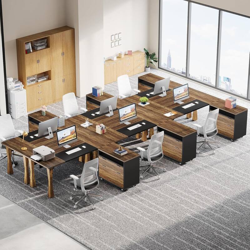 Rustic Wood L Shaped Desk Executive Desk with Drawers