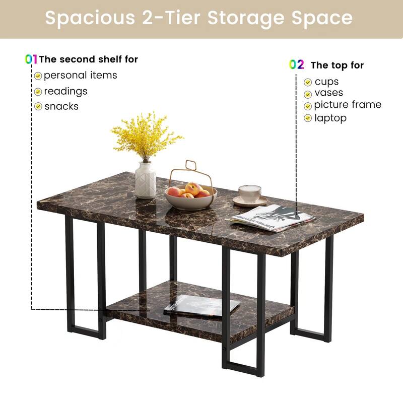 2 -Tier Rectangle Coffee Table, Black Base and Faux Marble Table top for Living Room, Double Metal Leg Design