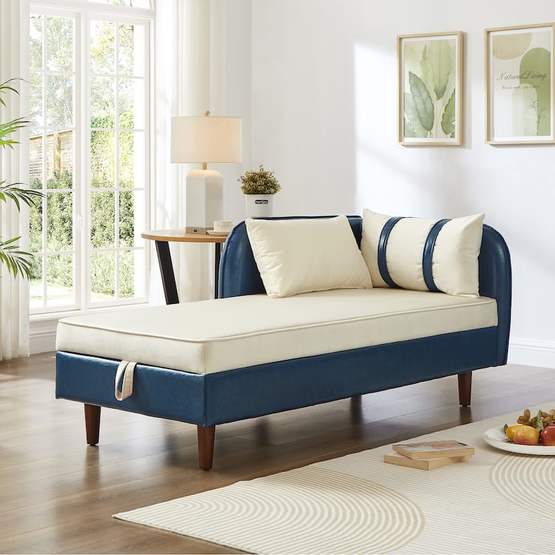 Roomfitters 65" Storage Chaise Lounge Sofa, Modern Indoor Daybed with Wooden Legs for Bedroom Living Room - Beige+Blue