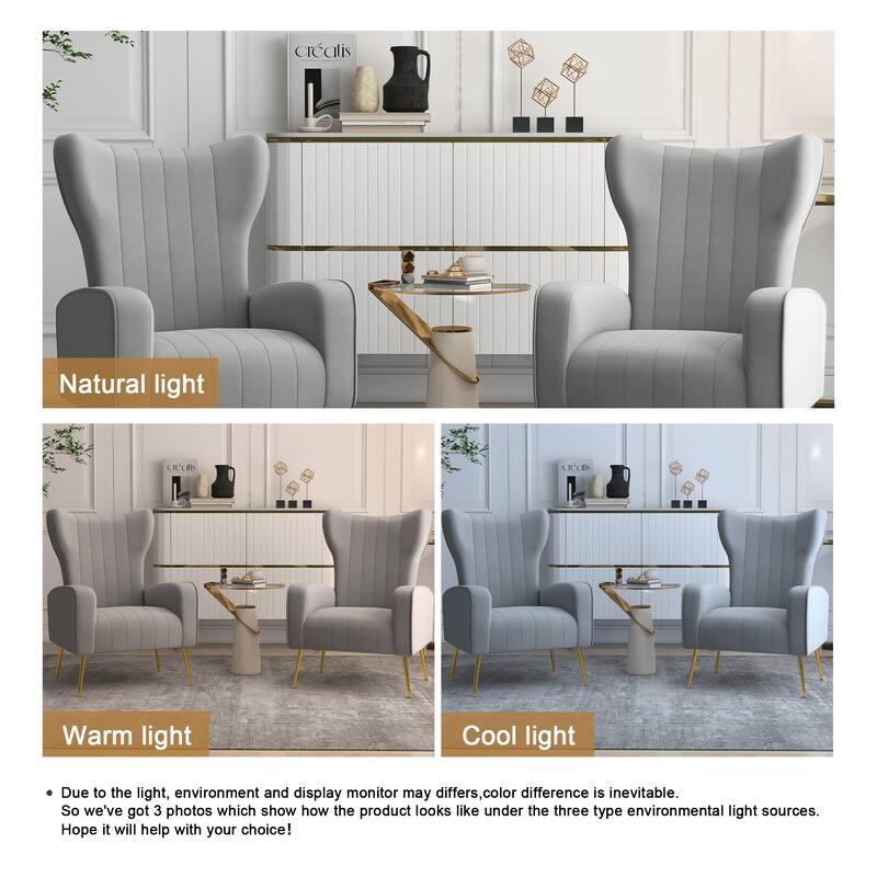 2 Set Velvet Wingback Accent Chairs with Metal Legs for Living Room