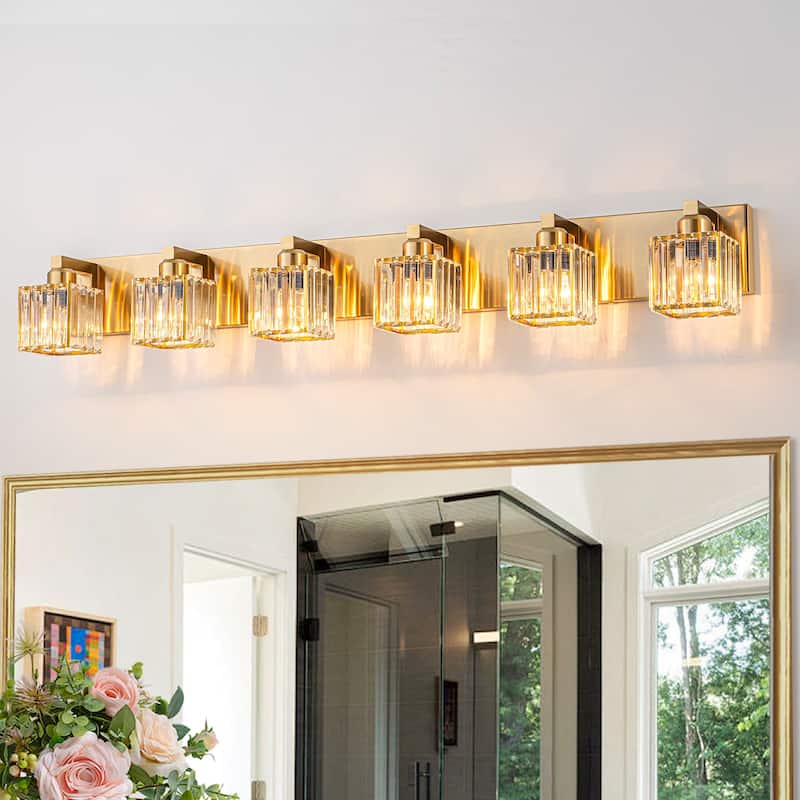 6/7 Light Bathroom Vanity Light Wall Sconce with Crystal Shade - 43.3" - Gold