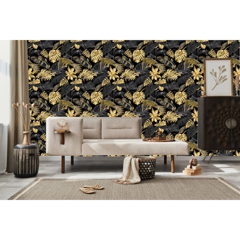 Glam Golden Exotic Leaves Removable Peel-and-Stick Wallpaper - 10’ft H