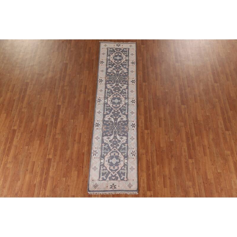 Gray Blue Oushak Indian Runner Rug Hand-Knotted Wool Carpet - 2'5"x 10'0"