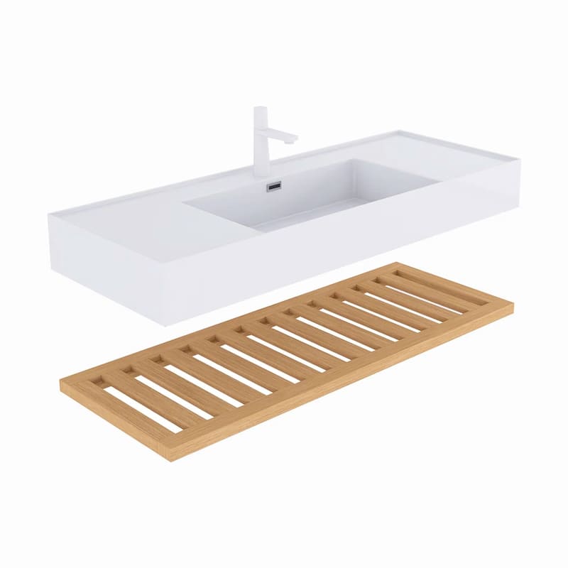 Wall-Mounted Bathroom Vanity in Natural Wood with White Integrated Acrylic Sink