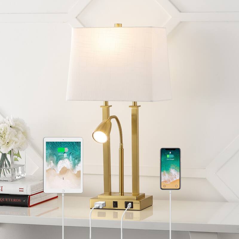 Callie 23.75" 2-Light Farmhouse Metal LED Table Lamp with USB Charging Port, Adjustable Reading Light, by JONATHAN Y
