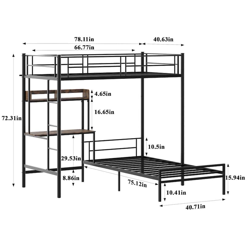 Twin over Twin L-Shaped Bunk Bed with Desk, Charging Station, Storage Shelves & Safety Guardrail