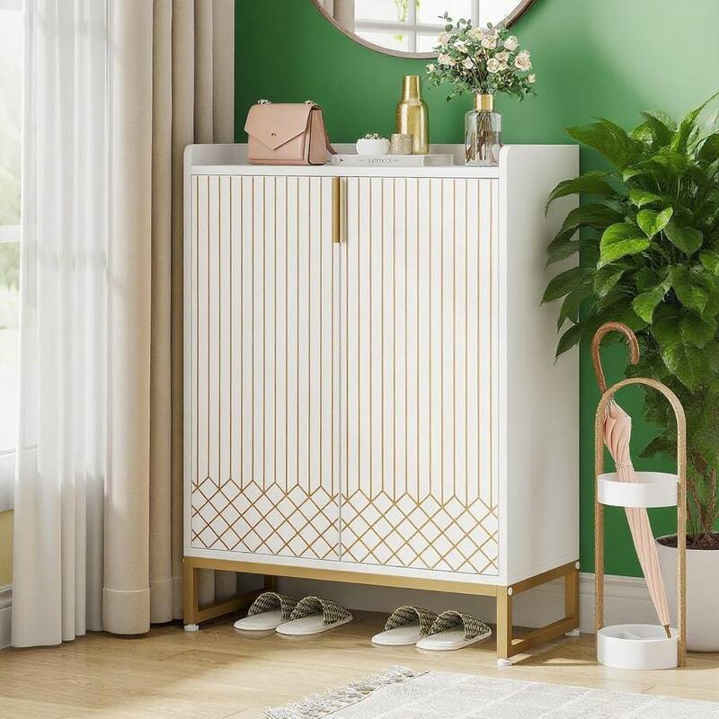 White 5 Tier Shoe Cabinet with Steel Legs Diamond Pattern Storage Organizer for 20 to 25 Pairs of Shoes