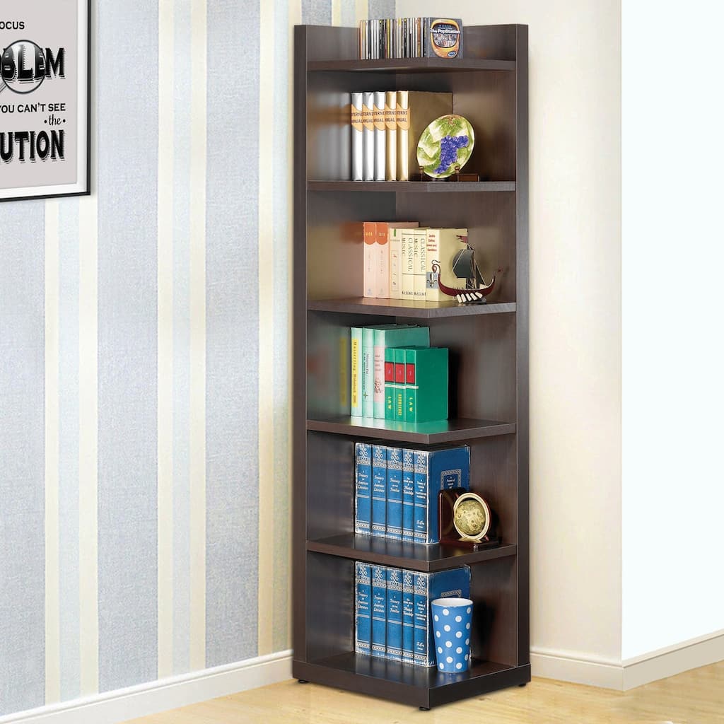 Radiant Brown Wooden Corner Bookcase - 71 H x 19.75 W x 15.75 L