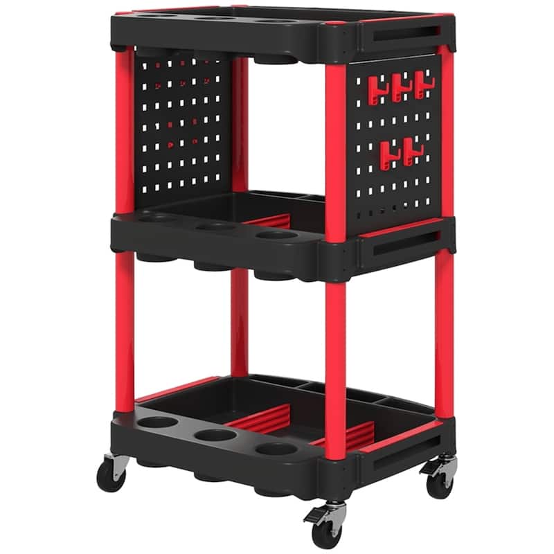 Three-Tier Mobile Rolling Tool Cart with Hooks and Storage Holes for Garage Workshop Organizer - 22.2" W x 18.7" D x 35" H - Red-Black