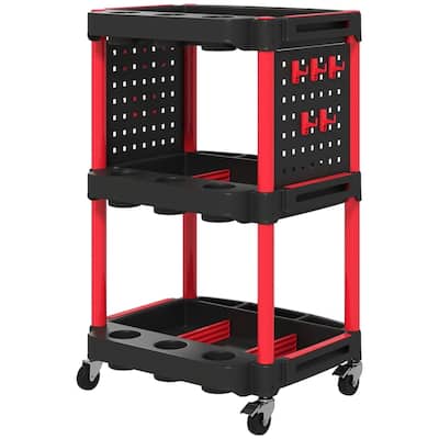 Three-Tier Mobile Rolling Tool Cart with Hooks and Storage Holes for Garage Workshop Organizer - 22.2" W x 18.7" D x 35" H