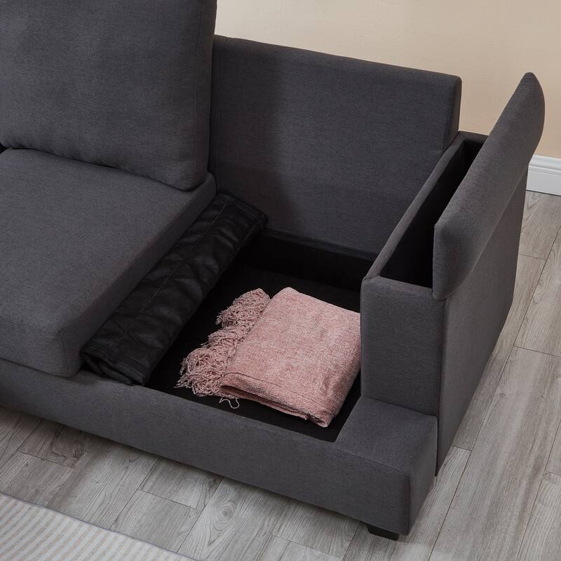 L Shaped 3 Seats Sofa with Armrest Organizer, Linen Sectional Sofa with Movable Ottoman, Comfy Upholstered 3 Seater Couch,
