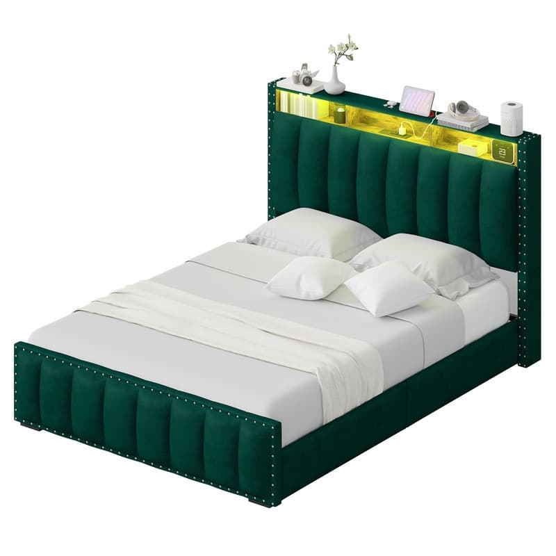 Full / Queen / King Size Platform Bed Frame with Upholstered Storage Headboard and 4 Drawers