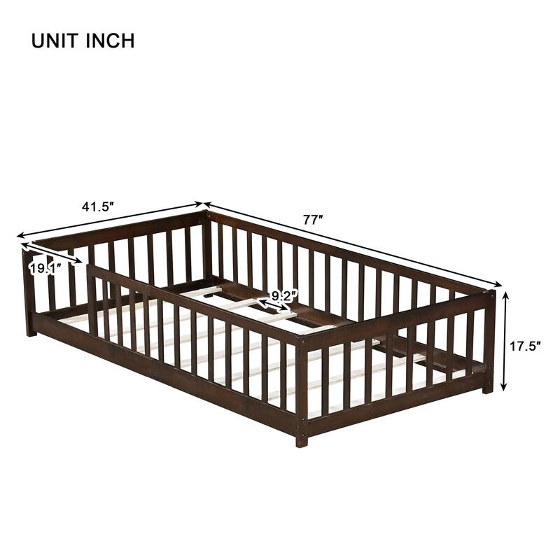 Roomfitters Twin Rubber Wood Floor Bed with Fence, Safety Guardrails, Low Profile Platform Design