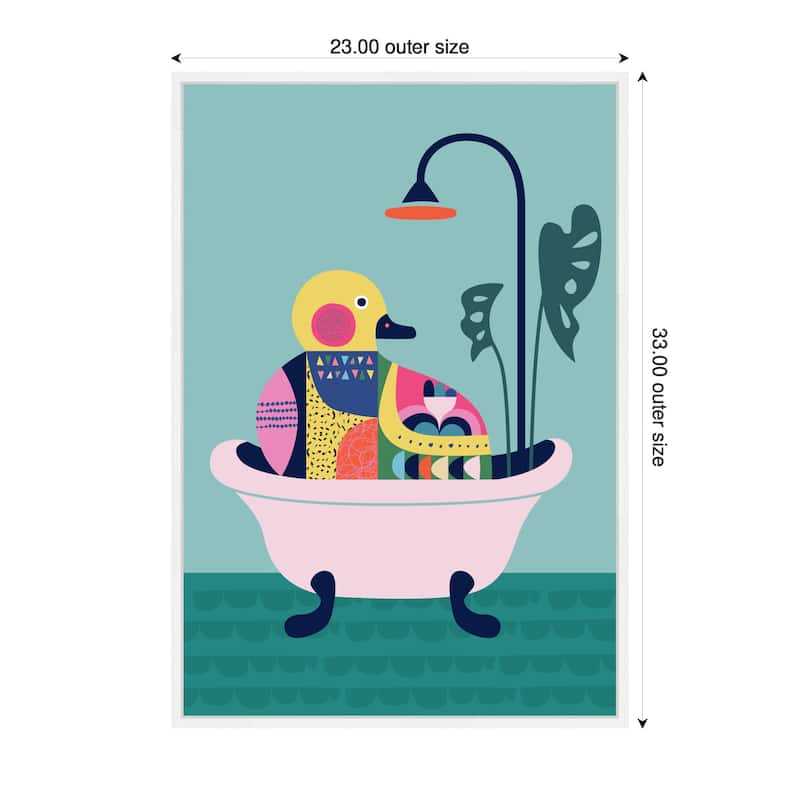 Kate and Laurel Sylvie Modern Teal Little Duckie in Bathtub Framed Canvas by Rachel Lee
