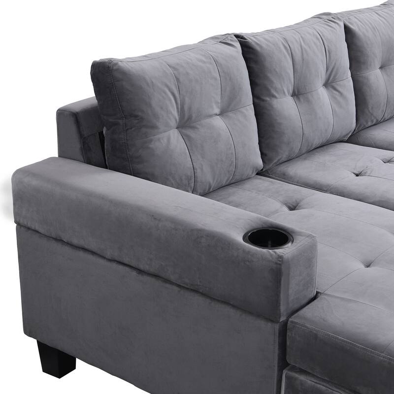 L-Shape Sectional Sofa Set with Storage Chaise, 4-Seat Modular Sofa with Cup Holder and Left Hand for Livingroom
