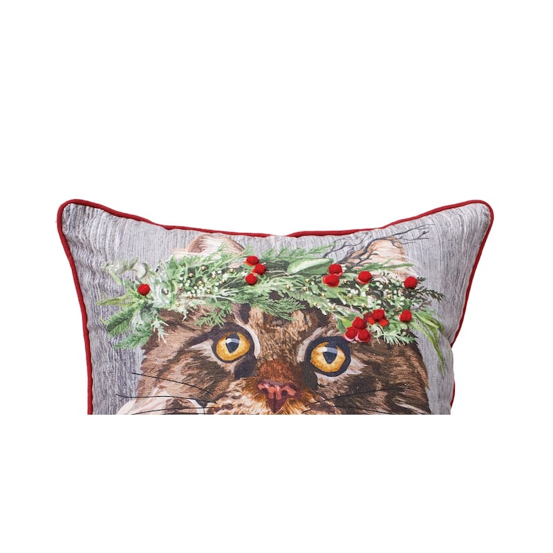 18" x 18" Cat Wearing Holly Berry Flower Crown Printed & Embellished Throw Accent Pillow