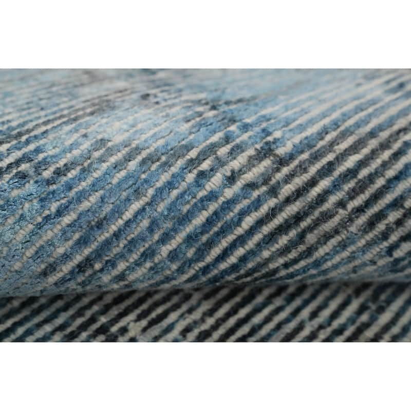 Hand Knotted Oriental Viscose Silk Carpet Modern All-Over Navy Blue & Blues Abstract Area Rug - 5' 0'' X 3' 0''