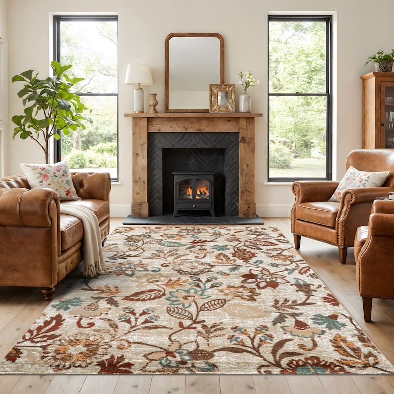 World Rug Gallery Contemporary Vine Floral Area Rug - 7' 10" x 10' - Beige
