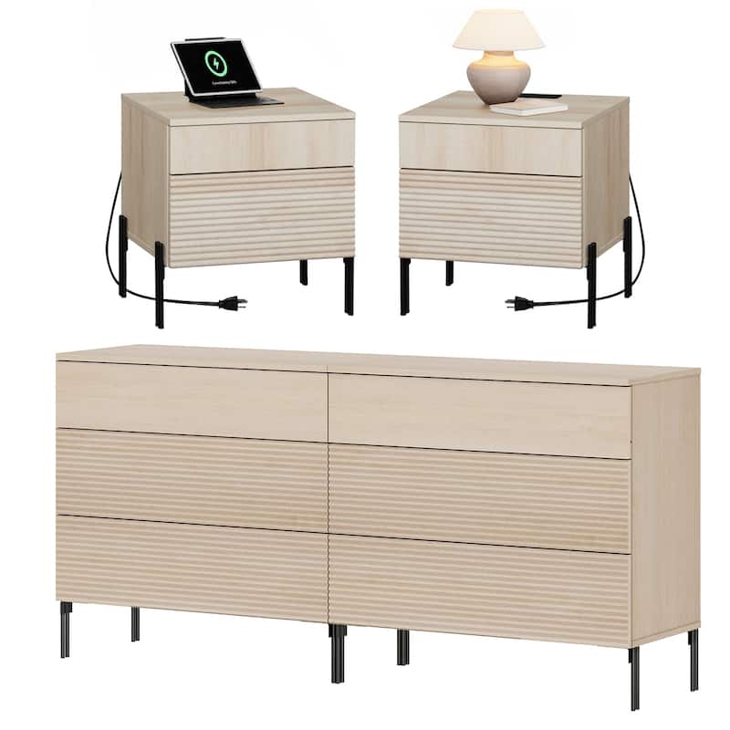 4 Pcs Wood Bedroom Set，Reeded 6 Drawer Dresser and Nightstand Sets, Night Stand Set of 2 with Charging - Beige