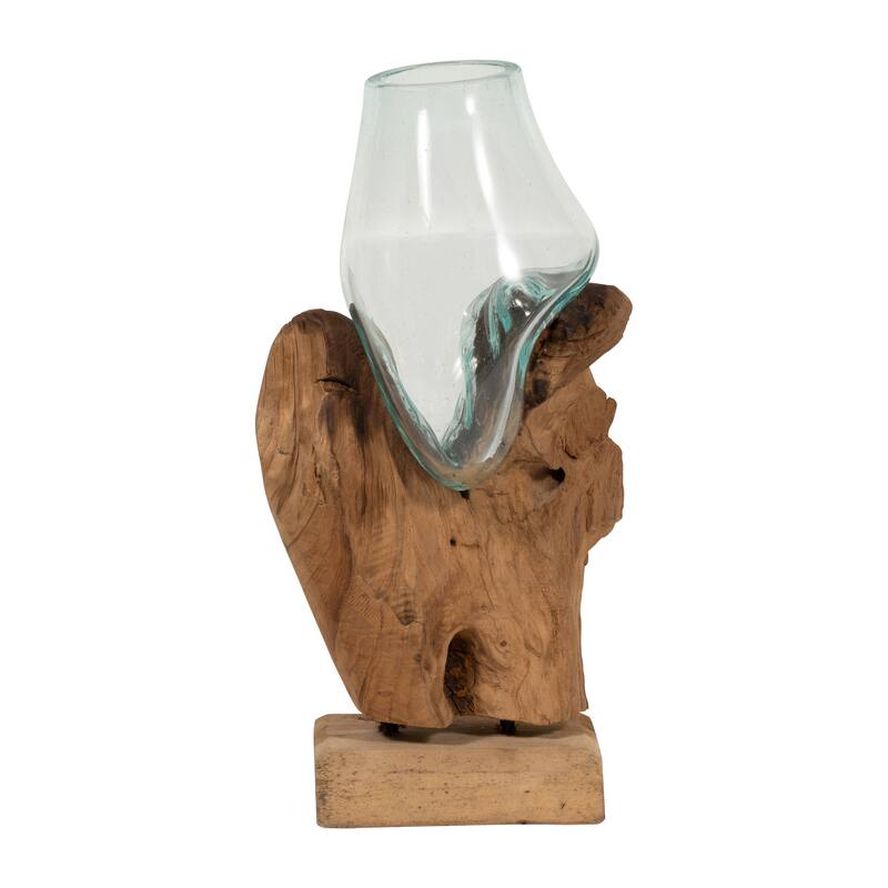 Sagebrook Home Glass Vase In Wood Stand, Brown Finish, Centerpieces, and Home Decor