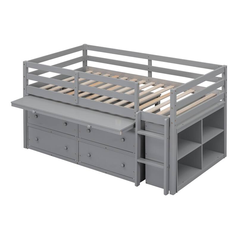 Twin Size Loft Bed with Retractable Writing Desk and 4 Drawers, Wooden Loft Bed with Lateral Portable Desk and Shelves